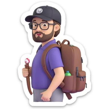 adventurer with goatee beard (no beard on cheeks), short hair, glasses, backwards baseball cap and backpack sticker