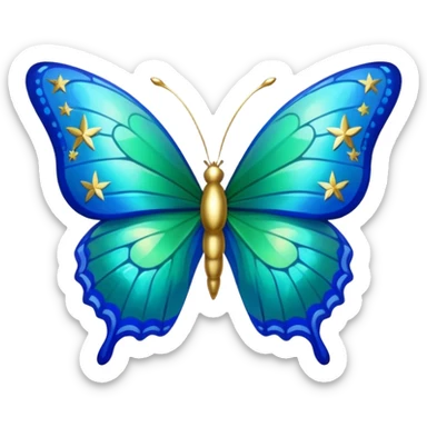 Royal blue & emerald green butterfly with gold stars and clouds of sky sticker