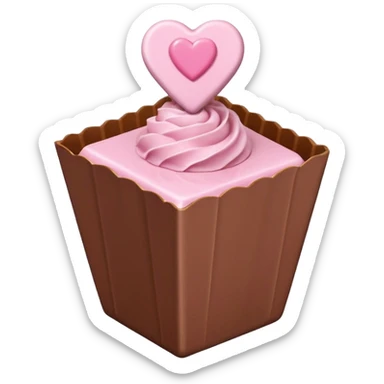 Two square milk chocolate , Each praline is a sharp-edged cube with smooth glossy chocolate coating, placed in a small white fluted paper candy cup. On top of each cube is a flat pastel pink heart-shaped icing sticker