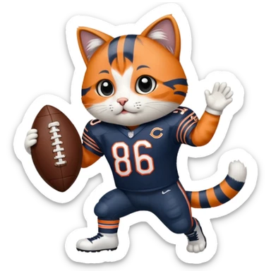 Rocky the cat in a Chicago Bears football uniform scoring a touchdown sticker