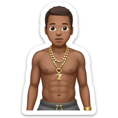 Jay-Z with dark brown hair, shirtless with necklace, metallic dark grey pants sticker