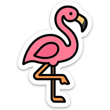 flamingo, color outline icon style, clean lines, minimal detail, black outlines, vibrant pinks and oranges sticker