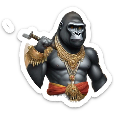 male gorilla with indian male jewellery and  indian traditional wear, holding a  huge weapon, humanoid,  sticker