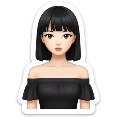 stylish woman with Asian skin, black off-shoulder top, long straight black hair with bangs, and soft makeup sticker