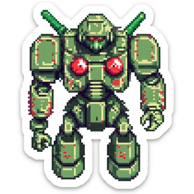 Zaku robot, pixel art style, green color, red mono-eye, blocky proportions, no text sticker