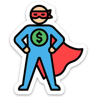 masked superhero with cape, striking heroic pose, green money symbol on chest, flat vector style sticker