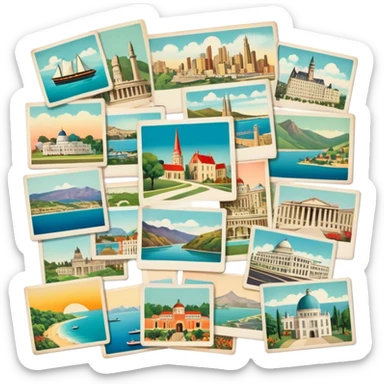 Icon for Postcard Collecting: a collection of colorful vintage postcards, featuring scenic views, landmarks, and greetings, arranged neatly in an album or on a display board. The icon should convey the charm and nostalgia of postcard collecting. Transparent background. sticker