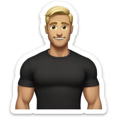 Muscular tall man with dirty blonde short straight hair brushed back, wearing a black sweater in a casual style, loves old-money aesthetic sticker