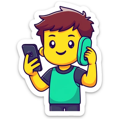 cheerful cartoon teenager holding a phone with 'Tax Refund!' notification, sparkling eyes, vibrant colors sticker