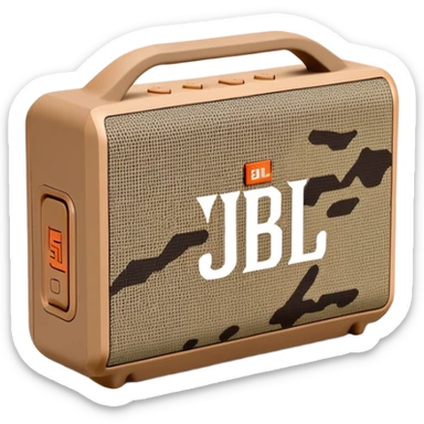 Desert camouflage JBL Go 4 speaker, tan and brown pattern, minimal design, simple form factor, portable audio device sticker