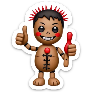black and red voodoo doll with a thumbs up, with pins in it sticker