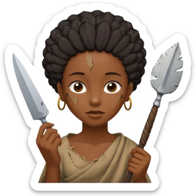 ancient black girl, tattered leaf cloth, hold broken stone knife sticker