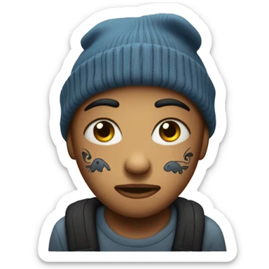 An emoji sad face with face tattoos and a beanie sticker