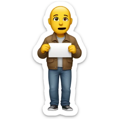 Holding up a sign that says too bad sticker