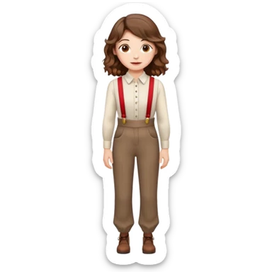 Woman with wavy brown hair and hazel eyes wearing dress pants with red suspenders sticker
