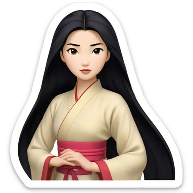 Cinematic Realistic Mulan Portrait, depicted with lifelike skin texture, soft natural lighting, and intricately detailed long black hair styled elegantly. Her deep, expressive eyes exude determination and grace, complemented by a serene yet confident expression. She is dressed in her classic attire, with rich fabric textures and delicate folds that catch the light beautifully. The portrait features a soft, enchanting glow with a natural, radiant finish, capturing the essence of timeless strength and beauty in a realistic and painterly style, evoking a sense of depth and authenticity. sticker