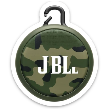 Super simplified JBL Clip 4, basic round speaker with hook, minimal green camouflage pattern, clear JBL logo, iOS emoji style sticker