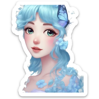 Gorgeous Shiny Pastel Blue Anime-Style Lady Butterflies flower petals leaves cottagecore fairycore pastelcore kawaii aesthetic trending style sticker