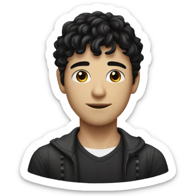 Realistic young man with white skin. he has very black and wavy hair and bangs, he has black eyes, he is tall, he has a long neck and head sticker