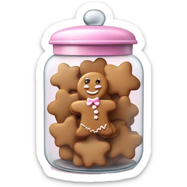 Realistic glass cookie jar with light pink lid full of gingerbread cookies isolated.  sticker