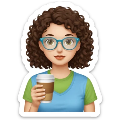 White girl with dark brown curly hair, brown eyes, sky blue glasses, apple green t shirt, drinking coffee sticker