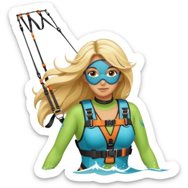 Blonde long haired ladie Kitesurfing with harness sticker