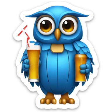 Blue owl wearing a helmet that has drinking straws on the sides to hold beer sticker