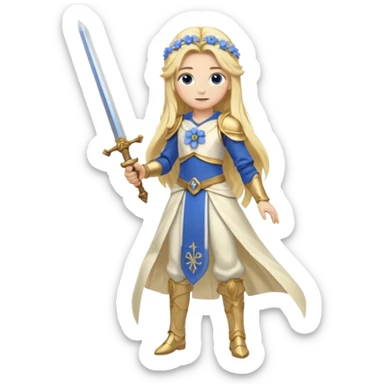 Lumine (from Genshin Impact) White and golden clothes, blonde, long-haired, with a pastel-indigo flower in hair and with a sword (full body) sticker