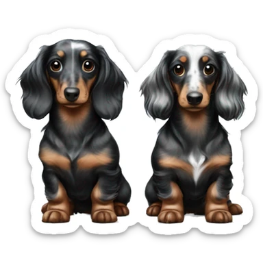 Two identical tri black merle long hair dachshunds together  sticker