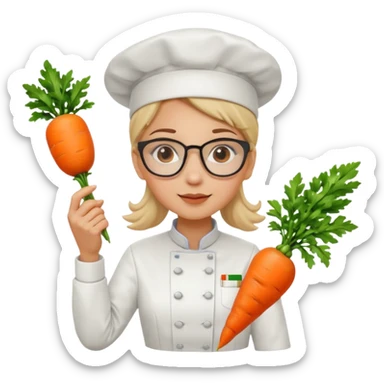 female italian chef, uniform, wearing glasses, holding carrot sticker