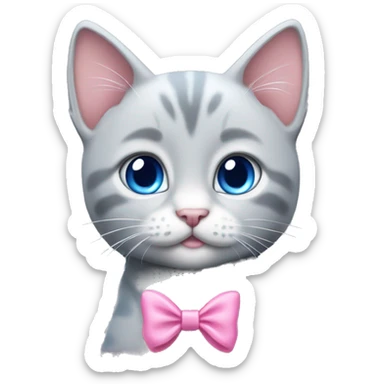 blue eyes grey kitten with pink bow on head sticker