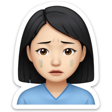 A crying East Asian woman with black hair, wearing light blue clothing. Her skin appears dry. sticker