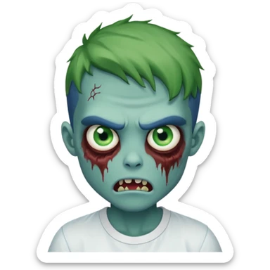 zombie boy with outgrown hair and wearing a white shirt with green prominent eyes and an evil mouth either open, blue skin sticker