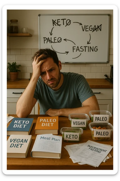 Confused man in his 30s sitting at a kitchen table cluttered with various diet books, meal plans, and food containers labeled keto, vegan, paleo, intermittent fasting. He holds his head with one hand, looking overwhelmed and frustrated. The background shows a whiteboard full of crossed-out diet names and arrows going in circles. Expression: mental fatigue, indecision, information overload. Soft lighting, slight mess to emphasize his struggle. sticker