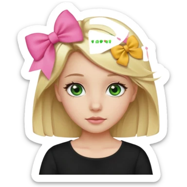 blonde girl middle part, pink bow in hair, plain black top, green eyes. sticker