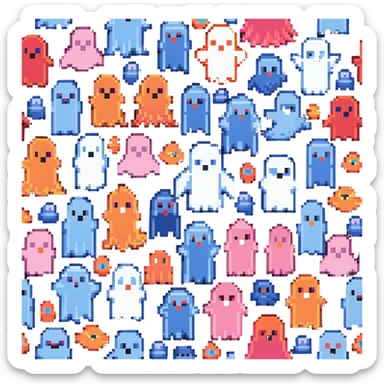 The four classic Pacman ghosts (red, pink, blue, and orange) in 8-bit pixel art style sticker