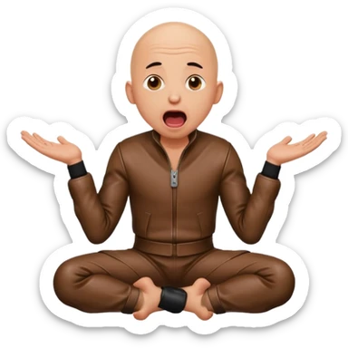 Bald man in leather on his knees, frightened with his tongue out, looking up sticker