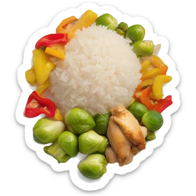 white plate with rice, diced cooked chicken, Brussel sprouts, cut up bell peppers sticker