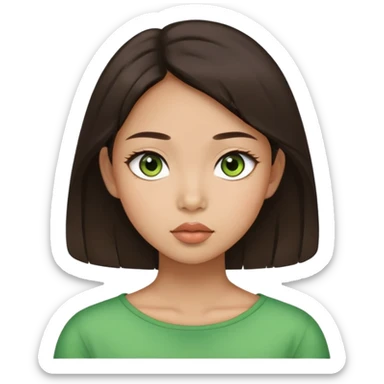 A girl with puffy lips, clear cheekbones, wide Asian eyes, green-sandy eyes.  Dark brown hair below the shoulder.  sticker