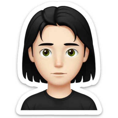 A beautiful boy with black hair and hazel green and brown eyes and white skin , with dark freckles and black t shirt with HAIRCUT: middle part hair hair with a center part haircut long  sticker