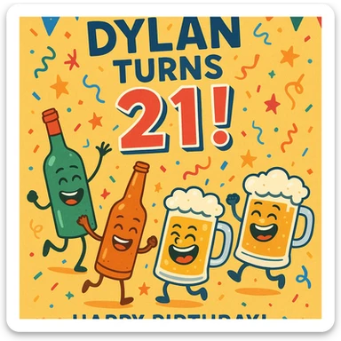 Digital birthday card for Dylan's 21st birthday with a wild party vibe, cartoon alcohol characters like dancing bottles and laughing beer mugs, headline 'Dylan Turns 21!', bright festive palette, and a humorous message about legal drinking. sticker