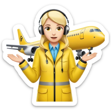 ramp agent at airport wearing bright yellow coat and headphones, directing aircraft sticker