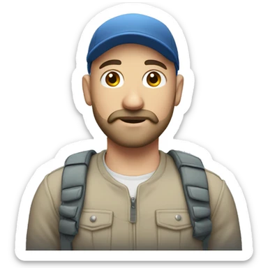 walking young bald white man wearing cap with dark soft beard & moustache sticker