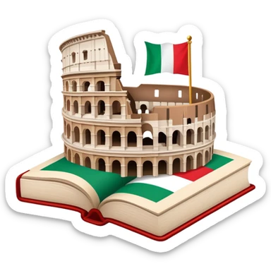 An icon featuring the Colosseum and the flag of Italy, symbolizing the Italian language. The design includes an open book with Italian phrases and a gondola, representing language learning and cultural exploration. Transparent background sticker