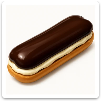 Add a glossy chocolate glaze on top of the dairy-filled eclair with cream showing, keeping the style and background the same as the original image. sticker