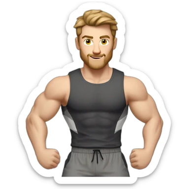Close up Actively gesturing  with hands Pale skinned Fit Man With the biceps and brown hair in dark gray Sleeveless Mike, black oversize sports shorts, watch and white Sneakers sticker