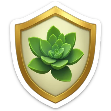 a succulent inside a shield with a golden border which has a ring of shrubbery around it sticker