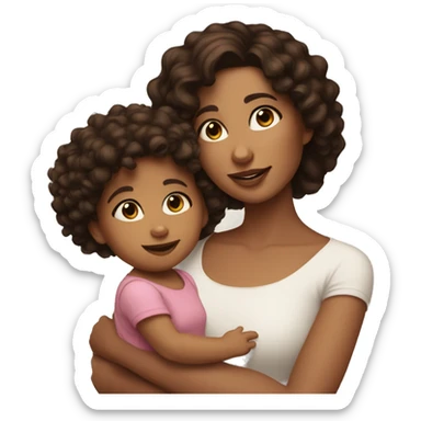 Brunette woman with dark brown eyes holding brunette toddler girl with curly hair and brown eyes sticker