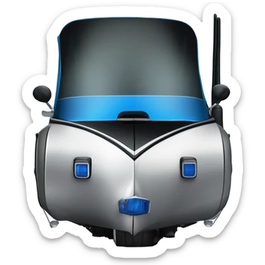 angled front view of a harley davidson electra glide ultra classic with big blue pearl and vivid black two color paint scheme with tall recurve windshield, a radio antenna and a citizen's band radio antenna and an older white man with a do-rag sitting on the front seat. sticker