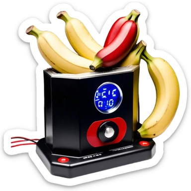 um explosivo improvisado composto por sete bananas de dinamite vermelhas presas por fita preta. O dispositivo inclui um temporizador digital de LED vermelho e uma placa de circuito com fios coloridos e um botão de ativação. Tudo está isolado sobre um fundo branco. sticker